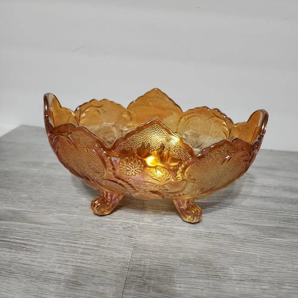 Vintage Indiana Marigold Footed Carnival Glass‎ Oval Bowl Compote Scalloped Edge